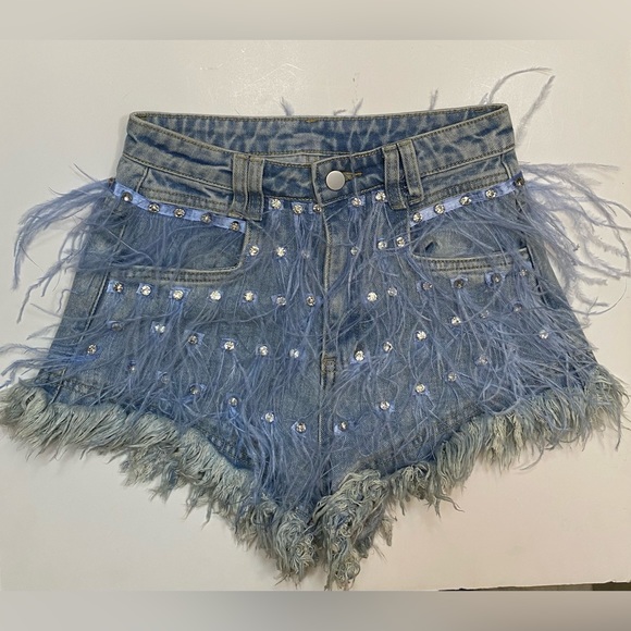 Tassel Inlaid Denim Shorts A-line Shorts Rhinestone Ostrich Feather Frayed - Picture 10 of 15